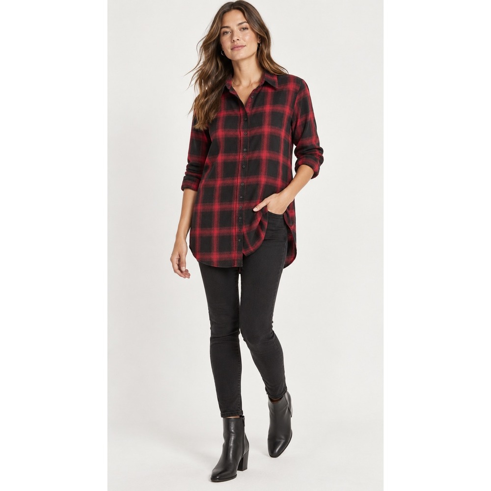 The Shirt Rochelle Behrens NWT Red Black Plaid No Gape Tunic Shirt- XS